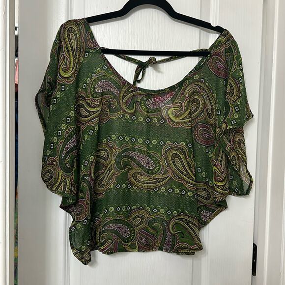 Forever love green Paisley green and pink cover up sheer top size M - Picture 1 of 4
